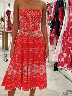 Charo Ruiz Red Galik Strapless Eyelet Midi Dress